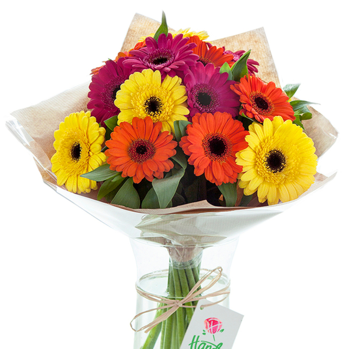 In this inviting image, a vibrant bouquet of Gerbera daisies-fresh and expertly arranged-commands attention, just as a colourful summer market does along Stanmore's leafy roads. A dozen or so Gerbera blooms mingle in harmonious abundance, each crowned with a nearly black centre that creates rich visual drama against the striking palette of yellow, orange, and magenta. Sprays of green foliage dance among the blossoms, adding lush, garden-fresh texture that calls to mind the local hedgerows and hidden gardens of Stanmore. Lovingly wrapped in light brown kraft paper and overlaid with clear, crinkled cellophane, the flowers are given both a rustic and contemporary touch-reflecting the blend of tradition and modernity unique to Stanmore. Their sturdy stems are displayed in a clear, gracefully shaped vase with water glistening at the base, ensuring vitality from shop to home. Around the neck of the vase, a simple bow of twine gathers the stems neatly, accompanied by a small white tag adorned with a bold red rose-perhaps waiting for a message of love or celebration. This floral arrangement, perfect for commemorating milestones near Bentley Priory or simply brightening a lounge, communicates joy and expert craftsmanship. It radiates the warm, welcoming spirit cherished in Stanmore, embodying both the festive and thoughtful aspects of flower gifting throughout the area. This nuanced visual narrative is ideal for showcasing handcrafted floral designs, flower delivery, and meaningful moments in the heart of Stanmore.