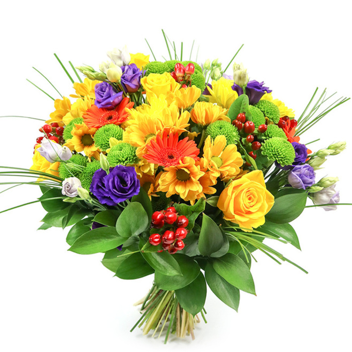 Photographed against a clear white background, this large, vibrant bouquet seems to radiate its own light, the colours and textures layered like a carefully composed painting. Crafted in the full, domed style often favoured by Stanmore florists, the arrangement is dense yet balanced, with each bloom supporting its neighbours. The dominant impression is one of sunshine and warmth, led by multiple yellow roses with tight, spiralling centres and velvety petals, surrounded by plush yellow chrysanthemums and smaller daisy-like flowers. These golden tones evoke the easy brightness of morning light over the gardens near Stanmore Hill. Threaded among them are lively orange gerbera daisies and petite orange daisy forms, their bold, open faces and darker central discs providing focal points and adding a sense of playfulness. In cool counterpoint, deep purple lisianthus flowers curve through the arrangement, some fully opened to reveal intricate layers, others still gently cupped, giving the bouquet depth and a hint of romance. Dotted between larger blooms are lime-green button chrysanthemums, small and spherical, their crisp, almost zesty colour lifting the arrangement and adding a touch of modern flair. Shiny ruby-red hypericum berries nestle among petals and leaves, introducing a festive, jewel-like sparkle and a smooth, waxy texture that contrasts beautifully with the softness of the flowers. At the base, a generous collar of glossy, dark green foliage, likely ruscus, provides structure and frames the colours, while long, slender blades of ornamental grass rise and curve above, adding vertical interest and gentle movement. The stems are visible and tightly bound, suggesting a freshly tied bouquet ready for same-day delivery across Stanmore, from quiet residential streets near Canons Drive to homes overlooking Bentley Priory Nature Reserve.