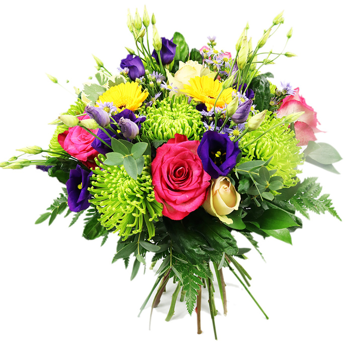 A richly coloured, hand-tied bouquet is captured against a bright white backdrop, its rounded, domed shape revealing the careful balance of colour and form. At its core, two or more fully open fuchsia roses command attention, each petal velvety and slightly curled at the edge, suggesting softness and abundance. Surrounding these central blooms, lime green spider chrysanthemums provide a striking textural contrast, their dense clusters of thin, spiky petals forming lively, chartreuse spheres that lend a contemporary flair, reminiscent of modern floral designs favoured in stylish Stanmore homes near Canons Park. Woven between the greens and pinks are deep indigo and royal-purple lisianthus flowers, some open into ruffled bells, others remaining as elegant buds; they add a shadowy richness that grounds the brighter tones. Sunny lemon-yellow gerbera-type blooms are dotted throughout the bouquet, their cheerful, multi-layered petals radiating out from dark centres, evoking the warmth of a late afternoon sun over Stanmore Hill. Near the base, a single creamy yellow rosebud rests, its petals tightly wrapped in a classic spiral, offering a subtle, romantic detail. Smaller accents of lavender and periwinkle filler flowers, as well as slender white buds, emerge from the greenery, giving the arrangement fine detail and a hint of wild, garden-like spontaneity. All of these blooms are supported by a lush foundation of foliage: broad, glossy leaves, round eucalyptus-like sprigs, and airy fern fronds spill outward, creating a sense of fullness and natural movement. The stems are neatly gathered and visible at the base, revealing the skilled hand-tied technique often used by local florists for vase-ready bouquets delivered across Stanmore, ideal for special celebrations, thoughtful thank-you gifts, or simply bringing a burst of fresh colour indoors.