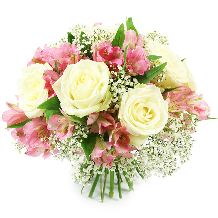 This photograph shows a lush, rounded bouquet of creamy white roses, pink alstroemeria, and white baby's breath, set against a plain white background that allows every colour and texture to stand out, as if just finished in a Stanmore flower studio. Dominating the arrangement are several full-bloom white roses, each flower richly layered with soft, velvety petals forming open cups around subtly warm, pale yellow centres. Tucked between the roses are sprays of pink alstroemeria, the graceful Peruvian lilies whose trumpet-shaped blossoms display a blend of soft pastel pink on the outer edges and deeper fuchsia towards the centre, often marked with fine, darker streaks that add character and a painterly feel. These vibrant accents echo the cheerful atmosphere around Stanmore Broadway and the nearby residential streets. Interlaced throughout the bouquet are stems of gypsophila, or baby's breath, bearing many tiny white blooms that create a misty, cloud-like texture, softening the lines of the larger flowers and giving the arrangement a romantic, airy quality. Beneath and around the blossoms, dark and mid-green leaves emerge, framing the bouquet with a fresh, natural edge that feels akin to the greenery of Bentley Priory and the tree-lined roads surrounding Stanmore. At the base, the straight green stems are clearly visible, neatly gathered and bound, indicating a professional hand-tied construction ready for a vase or to be carried to a celebration. The lighting is bright and even, enhancing the clarity of the whites and the vibrancy of the pinks, while delicate shadows lend depth and dimension. Overall, the bouquet conveys timeless elegance and gentle warmth, suitable for marking anniversaries, birthdays, expressions of sympathy, or simple gestures of gratitude delivered to loved ones across Stanmore.