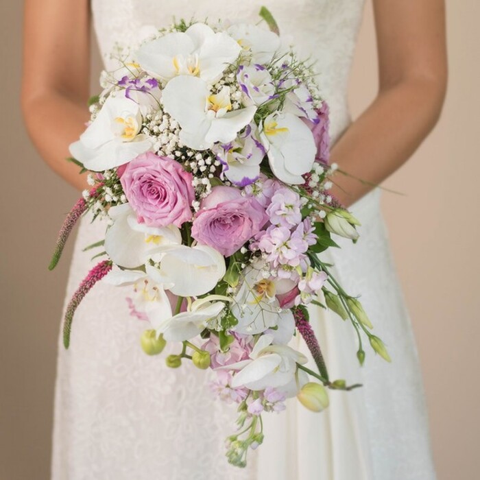 Bathed in soft, filtered light, a Stanmore bride is beautifully captured from the waist up, holding an opulent, modern cascading bouquet that becomes the focal point of the scene. The arrangement spills from her arms in a graceful, teardrop shape filled with detail and intent: pristine white Phalaenopsis orchids anchor the bouquet, their luminous petals and yellow-gold centers providing a luxurious flourish. Surrounding these are lush roses in blush pink and muted lavender, their velvet-soft petals opening to reveal both depth and gentle fragrance-recalling the serene blooms seen in Stanmore's private gardens. Airy sprays of baby's breath drift through the bouquet, balancing heavier florals with weightless movement, while hints of smaller lavender and purple blossoms provide visual intrigue and gentle colour transitions. Trails of fuchsia Amaranthus draw the eye lower, their fuzzy tendrils adding touchable texture and drama. Every stem is placed with care, complemented by sprigs of green foliage and slender buds that whisper of new beginnings. The bride's gown, detailed with intricate lace, peeks out above and below the florals, echoing the community's appreciation for elegant tradition. With a simple, softly lit backdrop reminiscent of Stanmore's tranquil interiors, this bouquet embodies not only luxury but also a heartfelt connection to the local area-a perfect choice for those seeking both style and sentiment in their Stanmore wedding.