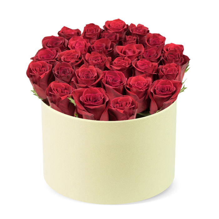 Elegant, round, and intensely romantic, this high-end red rose box is a testament to careful artistry. The display features approximately two dozen deep red roses, their velvety petals tightly furled, packed into a round, pale cream box with a smooth, matte finish. The roses fill the cylinder completely, forming a lush dome that lifts just above the rim, a visual promise of abundance. A few hints of dark green leaves weave between the heads, adding freshness and depth to the monochrome crimson.
The container's cream tone and soft texture anchor the bouquet in luxury, while the clean white backdrop isolates the arrangement so every petal's texture-its satin gleam and velvet depth-reads clearly to the viewer. The overall mood is refined, ceremonial, and intimate, a perfect gift for anniversaries, Valentine's Day, or a milestone celebration. Delivered with the care of a local Stanmore florist, it's available for same-day delivery across NW London and nearby neighborhoods, offering freshness, reliability, and a sense of occasion that makes a strong impression. Designed to be gifted and remembered, this red rose box invites the recipient to take a breath, smile, and reflect on the moment.
