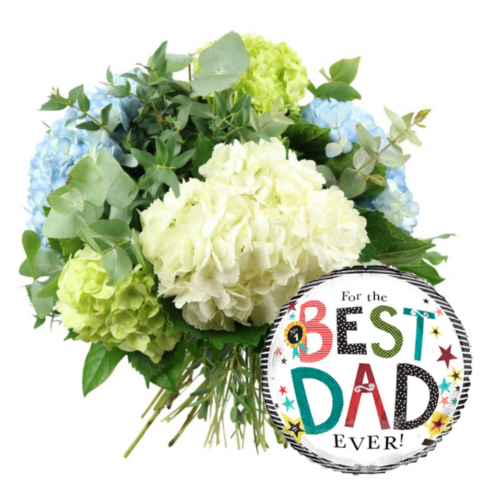 Against a pristine white backdrop, this image captures a stylish Father's Day gift pairing-a fresh hydrangea bouquet and a fun For the BEST DAD EVER! foil balloon-perfectly suited to a Stanmore celebration. On the left-hand side, a hand-tied bouquet of hydrangeas dominates the frame, formed into a generous, rounded silhouette. At the centre, several large clusters of creamy white hydrangeas create a soft, luminous focal point, each bloom made up of many tiny petals that give a pillowy, textured appearance. Cool, light blue hydrangeas are grouped around these central flowers, especially visible along the left and upper portions, adding a serene, calming impression that calls to mind the gentle light over Stanmore's open green spaces. To lift the palette, lime-green hydrangeas are nestled along the lower left and right edges, introducing a lively pop of colour that feels fresh and celebratory. Interwoven between the hydrangea heads are sprigs of silvery-green eucalyptus, with their distinctive rounded leaves, and deeper green foliage that provides contrast and a sense of natural depth. The stems of the arrangement are visible at the bottom, gathered together in straight, green lines and neatly tied, reinforcing that this is a hand-crafted gift ready for delivery across Stanmore and nearby areas. On the lower right side, just overlapping the blooms, a shiny, round foil balloon adds a playful finishing touch. The balloon features a white centre with smart black-and-white striped borders at the top and bottom. The central message reads For the BEST DAD EVER! in a mix of simple black lettering and bold, patterned letters for BEST and DAD, using reds, teals, greens, stripes, and polka dots. The background of the balloon is scattered with tiny stars and multicoloured confetti-like dots, along with a small No. 1 rosette emblem, all emphasising the idea of celebration, appreciation, and a father who truly deserves first place.