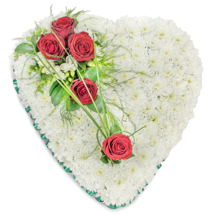 This image captures a traditional heart-shaped sympathy arrangement, expertly composed so that every element works in harmony. The main body of the heart is entirely filled with pristine white chrysanthemums, each small bloom carefully placed to form an uninterrupted cushion of petals. Their soft, rounded shapes and clean white colour create a sense of peace and stillness, recalling the quiet, open spaces around Stanmore Country Park on a calm day. Framing this expanse of white, a wide band of dark green satin ribbon runs along the outer edge, pleated neatly to follow every curve and point of the heart, giving the tribute a tailored, almost frame-like border. The principal accent is a diagonal sweep of red roses that begins at the upper left of the heart and extends towards the mid-right area. At the top of this sweep, three fully formed red roses cluster together, their velvety petals densely layered and rich in tone, ranging from deep crimson at the centres to slightly lighter edges. Nestled among them are glossy foliage, delicate wisps of fern-style greenery, and one or two stems of tiny white filler flowers that soften the contrast between red and white. Two additional red roses are positioned lower along the diagonal, each one spaced to maintain balance and visual flow. Slender strands of bright green ornamental grass arc from the main cluster towards these lower roses, crossing the white chrysanthemum base like gentle brushstrokes. The overall effect is of a carefully considered tribute that speaks of devotion, remembrance, and respect. One can imagine this heart placed near the front of a chapel or crematorium in Stanmore, or delivered by Flower Delivery Stanmore to a family home, offering a graceful and comforting floral expression of farewell.