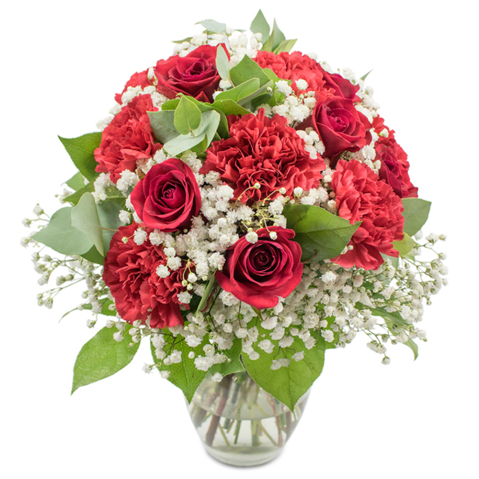 A classic red and white bouquet stands tall in a clear glass vase, captured against a bright white background that adds a modern, almost gallery-like clarity to the design, as if it has just been set on a polished dining table in Stanmore. At its heart are deep red roses, each one a study in symmetry, with velvety petals swirling inward to form tight, perfectly rounded buds and partially open blooms that suggest deep, enduring affection. Nestled among them are generous clusters of red carnations, their intricately ruffled petals forming soft, billowing shapes that provide a lush texture and a sense of abundance, echoing the comfortable, leafy character of residential streets near Canons Park. A soft cloud of white baby's breath winds gently through the arrangement, its tiny star-like flowers offering lightness and contrast, lifting the rich reds and giving the whole bouquet a touch of purity and grace. Carefully placed greenery frames and supports the blooms, from the glossy dark green leaves hugging the rose stems to the rounded eucalyptus leaves with their subtle silvery sheen, adding another layer of visual interest and a whisper of cool, herbal scent. The stems are gathered with precision in a simple clear vase, its gently flared rim and stable base letting the eye travel down to see the neat cut stems and clear water, a small but telling detail of professional preparation by local Stanmore florists. The bouquet forms a rounded, dome-like shape, dense without being heavy, radiating a romantic yet versatile charm. It feels ideal for setting a romantic scene at home around Stanmore, marking an engagement celebration, or sending as a thoughtful anniversary or Valentine's Day surprise across the HA7 area.