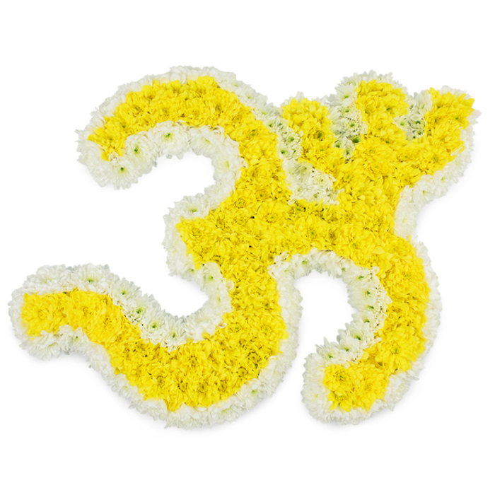 A large, intricately detailed Om (Aum) symbol formed entirely from flowers is displayed against a luminous white background, capturing both spiritual depth and meticulous floral artistry. The main structure of the symbol-the broad sweeping line, the enclosed inner curve, the crescent, and the small separate dot-is filled with densely massed golden-yellow blooms, most likely small chrysanthemums or marigolds whose compact petals have been carefully aligned. Their tightly packed heads create a plush, cushion-like texture, giving the arrangement a sense of substance and softness that recalls garlands and altar decorations often seen in Stanmore during significant religious observances. Framing this vibrant yellow field is a fine but unmistakably clear outline of pure white flowers, a floral border that traces each contour of the Om with great precision. This white edging enhances the readability of the symbol and adds a feeling of serenity, almost as if the Om is gently resting within a ring of light. The lighting in the image is bright and even, without harsh shadows, allowing the yellow to glow and the white to remain crisp and clean-much like natural daylight streaming into a Stanmore living room during a memorial gathering. The entire composition is stemless from the viewer's perspective; only the faces of the flowers are visible, giving the impression of a flat, intricately woven tapestry of petals. This floral Om feels particularly suited to a Hindu funeral tribute or a remembrance ceremony held near Stanmore Station or Bentley Priory, where families come together to celebrate a life with prayers, mantras, and shared stories. It conveys a powerful yet gentle message of devotion, peace, and eternal connection.