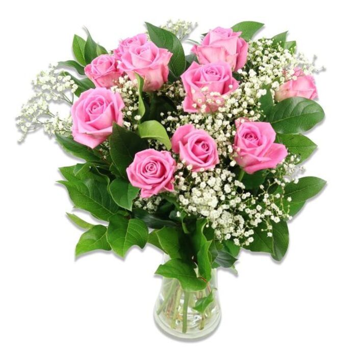 A beautifully balanced bouquet of pink roses and white baby's breath sits in a clear glass vase, photographed against a crisp white background that draws all attention to its soft colours and thoughtful design, reminiscent of a baby gift lovingly prepared in a Stanmore florist's workshop. The arrangement is full and rounded, with ten to twelve pink roses forming a generous central cluster. Each rose is at a slightly different stage of opening: some are wide open, displaying spirals of velvety petals in shades from pale blush to medium rose-pink, while others remain more tightly furled, hinting at the charm of new beginnings and the wonder of early days with a newborn. Threaded between the roses are airy sprays of white Gypsophila, or baby's breath, whose tiny, closely packed blossoms resemble little stars scattered through the bouquet, creating a soft, cloud-like effect that lightens the whole design. A collar of dark green rose leaves and additional foliage surrounds the blooms, the leaves' rich colour and gentle sheen providing structure and contrast so the pastel petals appear even more luminous. The stems are gathered in a simple clear glass vase, partly filled with water, through which the neat, straight green stems are clearly visible, suggesting that the flowers have been freshly cut and conditioned. Bright, even lighting brings out the texture of each petal and the clear definition of the leaves, with subtle highlights glinting on the glass. This image conveys a sense of peaceful joy and is perfectly suited to baby flower deliveries across Stanmore, from homes near Stanmore Station to family houses around Old Church Lane, when you want to welcome a new arrival with gentle colour and classic elegance.