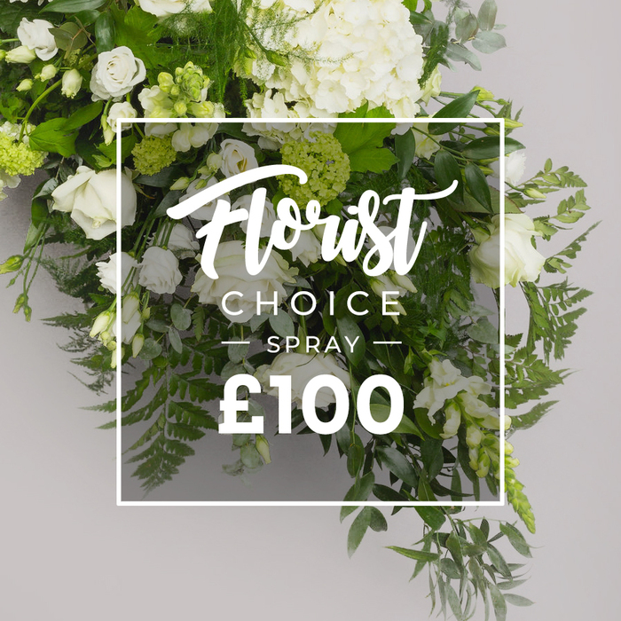 Across Stanmore's leafy streets this lush white-and-green spray rests on a pale grey stage the scene framed like a quiet window into refined floristry. The dominant mass features big white hydrangeas their puffy clusters forming a generous crown toward the top right and center. White roses appear in a spectrum of openness from tight buds to fully opened blooms weaving through the arrangement with quiet elegance. Interspersed are slender white lisianthus and other soft white adornments their shapes and textures contributing a gentle architectural rhythm. The greens work in harmony feathery ferns provide light texture at the base and along the right edge soft grey-green eucalyptus lends a hazy mist of color and darker ruscus introduces structured contrast. The overall effect is natural upscale and serene-an arrangement that speaks softly of sympathy grace and celebration when used as a refined gift or tribute. A crisp white border frames the center its overlay text presenting Florist Choice in a flowing script with SPRAY in uppercase beneath and the price ?100 in bold numerals at the bottom. This premium spray is designed for immediate impact suitable for delivery to Stanmore addresses and nearby NW London homes, bringing comfort and elegance to memorials anniversaries or elegant daily decor from a trusted local studio such as Flower Delivery Stanmore.
