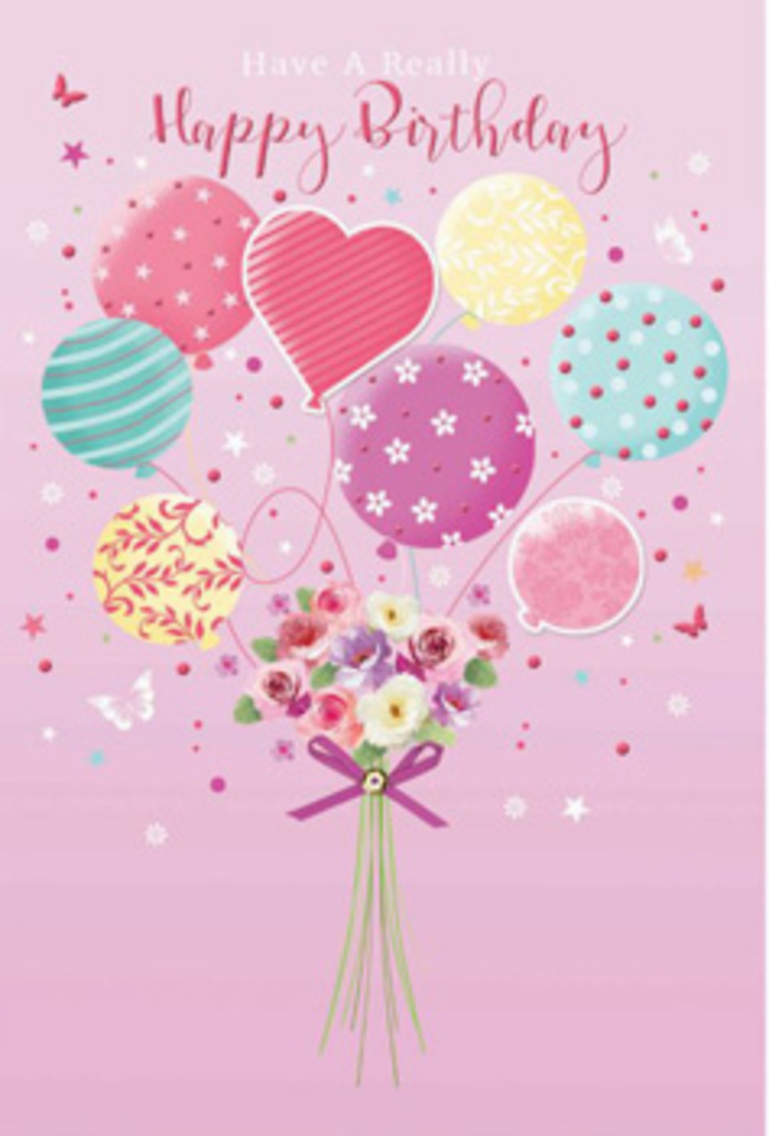 There is a tender sense of joy in this birthday card illustration, as if a small garden and a cluster of balloons have joined forces to celebrate a special day in Stanmore. The entire design is set against a pale pink background that feels calm and uplifting, similar to early-morning light filtering across the green spaces near Stanmore Country Park. At the bottom, a modest but meticulously rendered bouquet anchors the composition. The flowers are petite and graceful, with rose-like and anemone-style blooms shaded from ivory through blush to muted mauve, suggesting soft, velvety textures. They huddle together in a rounded shape, creating the impression of a freshly hand-tied posy you might see being carried along The Broadway on someone's birthday. The green stems draw inward where they are cinched with a rich purple satin bow that gleams slightly, its neatly tied knot and trailing ends adding a polished finishing touch. From this gathering of stems, fine balloon strings stretch upward, transforming the bouquet into a floating arrangement. Above, pastel balloons take centre stage, each one unique: some decorated with candy-striped ribbons, some sprinkled with dancing polka dots, others featuring subtle swirls and floral prints. Shades of sea green, buttery yellow, rose pink, and lavender blend together, while an affectionate heart-shaped balloon nestles within the group. The light is soft and flattering, creating tiny highlights on the balloons that suggest volume and buoyancy, as if they could drift slowly over rooftops near Stanmore Station. Around them, small stars and butterfly shapes hover like gentle bursts of confetti. The result is a scene that whispers happiness and thoughtful care-an image that echoes the feeling of receiving a bespoke birthday bouquet delivered with love in Stanmore.