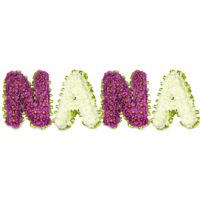 A meticulously crafted funeral tribute presents the word NANA in large, raised letters, each letter constructed from a compact mass of small chrysanthemum heads and placed against a clean white background to emphasise form and colour. The two N letters are formed from saturated magenta-to-plum chrysanthemums with tiny yellow centres that add a pinprick of warmth amid the dense petal clusters; the two A letters alternate in creamy white or soft ivory chrysanthemums, producing a calm, elegant contrast. Each letter is finished with a crisp lime-green edging - whether narrow pleated ribbon or a border of fresh foliage - which traces the contours and provides definition against the white ground. The surface of the letters has a sculptural, quilted appearance created by the uniform small flower heads, and the overall silhouette reads clearly from a short distance, intended for placement on a viewing table, at a chapel service or by a graveside. Lighting is soft and oblique, revealing the layered texture of petals and the slight sheen on the ribbon or leaves. The scent is mild and herbaceous, characteristic of fresh chrysanthemums, contributing to a composed atmosphere rather than overwhelming. This arrangement is a traditional, bespoke sympathy piece, chosen to honour a grandmother or matriarch; its alternating palette of plum and cream conveys devotion and tender remembrance. Locally, such tributes are frequently ordered for services near Stanmore Station and Canons Park, and are assembled with the restraint and attention to detail expected for memorial floristry.