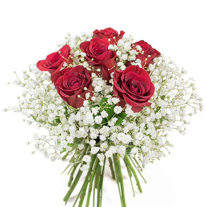 There is a simple joy in composing a bouquet like this: roughly eighteen to twenty intense red roses, their petals fully unfurled into luminous, velvety spirals, surrounded and softened by abundant white gypsophila (baby's breath) that falls in airy, cloud-like sprays. Arranged in a clear glass vase against a crisp white field, the bouquet presents as a plush, rounded dome-compact and lush-with long green stems visible below, the stems' linear calm contrasting the head's exuberant texture. I think about the tactile contrasts often while working: the cool smoothness of the glass, the pillowy softness of the petals, the papery hint of the tiny gypsophila florets. Light, perhaps the soft morning light you get near Stanmore tube, picks out highlights on the crimson petals and makes the white clusters glow like mist; there's a discreet, familiar scent of roses carried on the air. The arrangement is intentionally classical and romantic, meant to be a focused message of love or admiration-perfect for anniversaries, Valentine's Day, or simply to say 'I'm thinking of you.' As a florist serving the Stanmore community, I imagine presenting this to someone on Stanmore High Street or delivering it to a home overlooking Canons Park; its effect is immediate and heartfelt, the kind of bouquet that steadies a moment and turns sentiment into a tangible, beautiful presence.