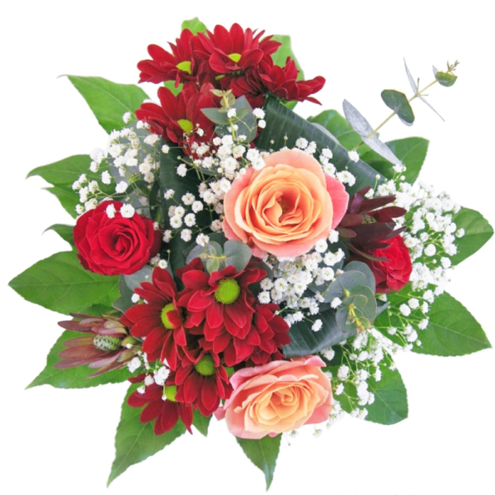 A masterclass in local floristry, this arrangement from Stanmore brims with both visual drama and gentle warmth. Deep crimson chrysanthemums and tightly packed red roses form a bold foundation, their rich colour softened by the creamy apricot and peach roses that radiate a gentle sunlight, reminiscent of morning rays streaming across Canons Park. Sprigs of whisper-white gypsophila are slipped between the larger blossoms, lending a sense of movement and grace, much like petals scattered by a soft Stanmore breeze. The bouquet is contained within a crystal-clear glass vase, which highlights not only the clean, elegant lines of each stem but also their remarkable freshness. The tactile interplay of plush petals, firm green leaves, and airy gypsophila invites closer appreciation, while the fragrant mix stirs memories of joyful celebrations at home or in one of Stanmore's lush parks. Suitable for marking special occasions, welcoming friends, or infusing any setting with a blend of sophistication and heartfelt sentiment, this bouquet showcases both the artistry and the genuine care found in Stanmore's best florists.