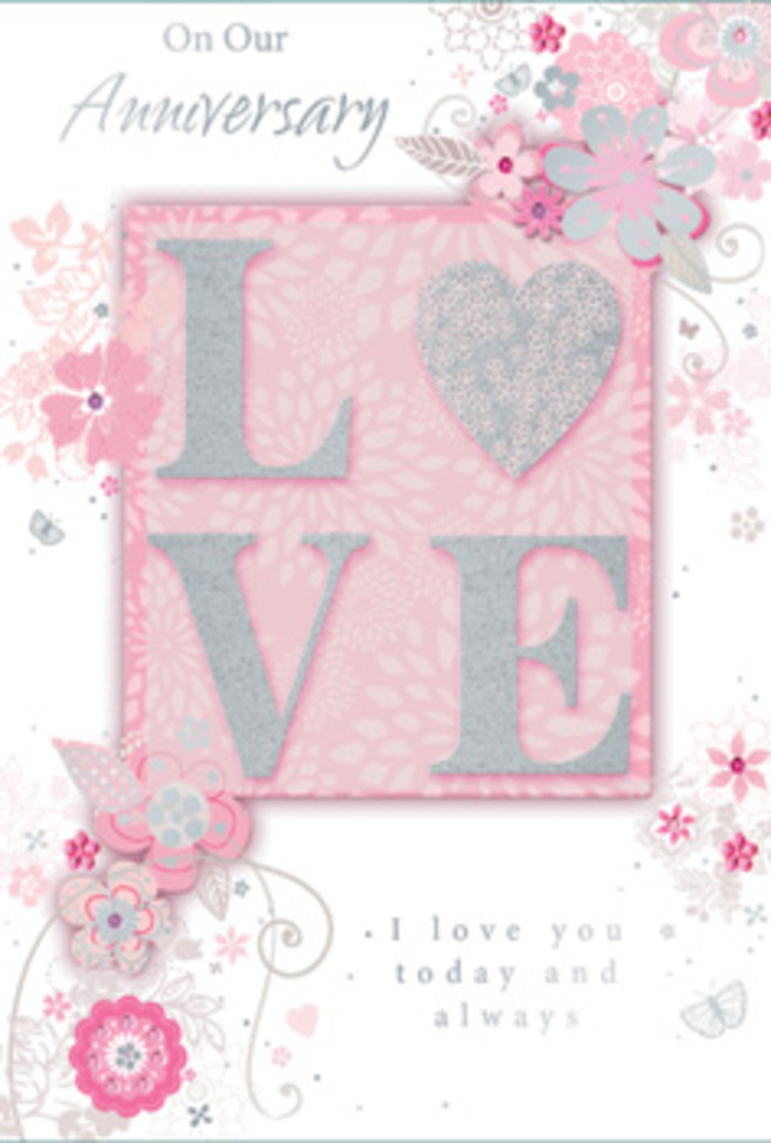 This anniversary card design carries the same quiet charm and understated luxury you might associate with a hand-picked gift from a Stanmore high street florist. At its core sits the word LOVE, rendered in large, raised letters that stand out from the card's surface. The embossed texture is dusted with a fine, frosted glitter that glows softly rather than dazzling, with silver flecks tracing the contours and lending depth to every curve. The background is a serene blush pink, smooth and even, like silk ribbon laid across a gift box. Around the central word, wisps of illustrated flowers and leafy tendrils seem to float and curl, forming a loose, circular embrace. The floral motifs are drawn in slender, flowing lines with delicate shading, evoking petals in pale pink and pearlescent white, complemented by cool grey and silver accents. This gentle palette mirrors the soft tones of an anniversary bouquet displayed in a Stanmore dining room, reflecting afternoon light from a nearby window. Between the flowers, there are pockets of open space that keep the design light, as though the blossoms are drifting on a soft breeze. Elegant script messages in a refined, cursive font are positioned to feel naturally integrated with the floral swirls, conveying heartfelt anniversary wishes without dominating the art. The whole composition radiates a soft, dreamlike quality, blending romantic symbolism with contemporary style. It suggests enduring love, gratitude, and shared memories, much like the feeling of receiving a beautifully arranged anniversary bouquet delivered to a doorstep in Stanmore.