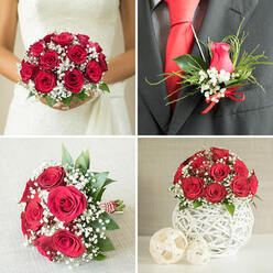This detailed four-panel composition showcases a cohesive red rose and baby's breath wedding theme, as if designed for a joyful ceremony in Stanmore. In the top-left panel, a bride wearing a classic white lace gown holds a round, compact bouquet close to her waist. Dozens of rich crimson roses, their petals velvety and full, are tightly clustered with delicate sprays of white baby's breath. The blooms are supported by discreet green leaves that add a subtle frame of colour and texture, giving the bouquet a timeless, romantic feel that would suit any local church or registry office near Stanmore Broadway. The top-right panel focuses on the groom's boutonniere, carefully pinned to a dark grey suit jacket over a bright red tie and crisp white shirt. The boutonniere is composed of a single red rosebud, flanked by tiny white gypsophila florets, narrow green foliage, and strands of wispy decorative grass, all tied together with a small red satin ribbon that mirrors the bridal flowers. In the bottom-left panel, another hand-tied bouquet rests on a light grey textured surface, echoing the main bridal design. Large red roses and abundant baby's breath form a rounded shape, with lush greenery and stems wrapped neatly in red-and-white striped twine, showcasing exacting florist technique often used at Flower Delivery Stanmore. The bottom-right panel shows a low, dome-shaped centerpiece of vivid red roses and baby's breath arranged in a spherical white vase made of interwoven, airy strands resembling rattan or wrapped paper. Two smaller off-white woven balls are placed in front, extending the motif for a refined reception table display for weddings and celebrations across Stanmore.