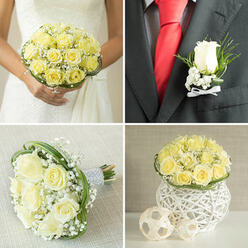 Under soft natural light, the boutonnière reads like a tiny, refined promise of calm amid celebration: a single pale yellow rose sits at its heart, petal edges tender and velvety, surrounded by a halo of fragile baby's breath and a few slender green sprigs. The rose's compact bloom is carefully wired and wrapped so its form remains pristine against the wearer's lapel; the contrast of the pale flower next to a black jacket and a vivid red tie makes the blossom feel both poignant and joyful. There's a tactile interplay here - the plush warmth of the rose petals against the whispery texture of the gypsophila and the clean, crisp feel of the white ribbon that secures it - that gives the boutonnière a handcrafted, intimate quality. I often assemble pins like this for couples preparing at local venues around Stanmore Hill and the Broadway; they travel well and carry a soft, fresh scent that hints at the morning's blooms. The tiny spray is composed so the eye reads a neat vertical line that complements a jacket's lapel without overpowering it, and the balance of colours communicates calm affection amid excitement. For a guest or family member, wearing this boutonnière feels like carrying a personal, fragrant blessing - a small, attentive detail meant to connect the wearer to the day's warmth and to the considered craft of a local florist who knows Stanmore's wedding mornings.