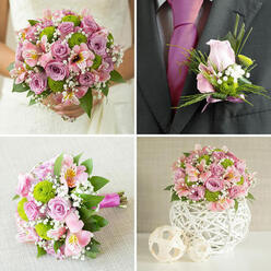 This four-image collage presents an elegant wedding flower suite in soft pinks, lilacs, and fresh green that feels perfectly tailored to a Stanmore celebration. In the top-left panel, a bride is shown from the waist down, her white lace gown framing a lush, rounded bouquet she cradles in both hands. The bouquet overflows with light pink and soft lavender roses at varying degrees of openness, weaving together with vivid green button chrysanthemums, delicate pale pink alstroemeria adorned with tiny yellow markings, and airy white baby's breath. Deep green foliage underscores the gentle colours, giving the design depth and a sense of movement that would stand out beautifully in photographs taken near Stanmore Country Park. The top-right panel brings the groom into focus, with a dark charcoal grey suit and bold fuchsia tie. Pinned to his lapel is a coordinating boutonniere: a single blush pink rosebud accompanied by bright green chrysanthemums, feathery gypsophila, and slender decorative grass, all tied with a narrow pink ribbon, creating a refined accent suited to both synagogue and civil ceremonies in Stanmore. In the bottom-left image, a similar bouquet is laid on a light beige textured fabric, likely a bridesmaid's bouquet or a detailed view of the main design. The fuchsia ribbon-wrapped stems and carefully layered roses, chrysanthemums, alstroemeria, and baby's breath showcase the florist's skill. Finally, the bottom-right panel features a compact, rounded centerpiece on a clean white surface. Pink and lilac roses, green button chrysanthemums, pink alstroemeria, and white baby's breath are nestled into a decorative white spherical vase with an intricate woven lattice, flanked by two smaller woven spheres. Together, they evoke a beautifully dressed table in a Stanmore reception venue, coordinated from bouquet to buttonhole.