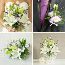 This four-paneled image captures a cohesive white-and-purple wedding design that reads as both refined and heartfelt beneath soft, flattering light. The upper-left panel focuses on a bride holding a generous bouquet: creamy oriental lilies in mid-bloom, their petals satiny and luminous, paired with white Eustoma (lisianthus) delicately rimmed in violet, small clusters of gypsophila, and wisps of grass-like foliage and ferns that add gentle motion. Upper-right shows the groom's boutonniere pinned to a charcoal grey jacket, complemented by a deep purple silk tie; the boutonniere is a miniature echo of the bouquet with one open purple-edged lisianthus, a dainty lily bud, a spike of veronica, and slim green sprigs bound with a neat white ribbon bow. Lower-left displays a hand-tied bridesmaid or toss bouquet resting on textured light beige fabric, stems wrapped in white ribbon to reveal the florist's clean finish. Lower-right reveals a tall centerpiece in a white woven spherical vase, the lattice catching light around clusters of open lilies, tight buds, purple-edged lisianthus, veronica sprigs, and cascading greenery, with two beige woven spheres as table accents. The scent is softly floral and green, the textures a pleasing mix of satin petals and airy filler. As a local Stanmore florist I often create similar palettes for weddings around Stanmore Common and the Broadway, and Flower Delivery Stanmore can prepare this look for local collection or timed delivery to a nearby venue, preserving freshness and the intimate, contemporary mood.