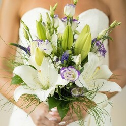 In this intimate bridal portrait set amid Stanmore's tree-lined lanes, a bouquet designed with both artistic flair and heartfelt sentiment shines as the centrepiece. Snowy Oriental lilies, fully open and deeply fragrant, stretch out with speckled petals touched by sunlight, their yellow stamens adding a delicate counterpoint. Sprinkled among these are lisianthus-pure white with petals that curl into themselves, their edges dusted in velvety violet, echoing the vibrant local blooms found in Stanmore's green spaces. Accents of deep purple, likely Veronica, offer a spirited pop of colour, their narrow spires adding height and drama. Wisps of delicate baby's breath drift between the larger flowers like morning mist hanging over the Stanmore Hill, while copious, fresh green foliage fans out in a graceful arc: broad lily leaves, slender unopened buds, and feathery fronds of asparagus fern, each lending depth and organic beauty. The bouquet is held in polished, lightly coloured hands, the bride's strapless dress a soft suggestion in the background, allowing every bloom to shine. This arrangement is perfect for brides seeking understated luxury with a little local flair-offering a living memory of Stanmore's serene landscapes and the day's meaningful promises.