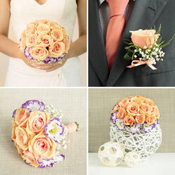 This four-image montage gently explains how a single wedding palette can bind a day together, rich in peach roses, violet-edged lisianthus and soft gypsophila. In the top-left panel a bride holds a perfectly rounded bouquet against her white dress: full, creamy peach roses cluster at the centre, their satiny petals contrasted by delicate white lisianthus fringed in purple and tiny baby's breath that adds airy punctuation. The stems are bound in a concealed handle and wrapped with a blush ribbon - a tactile, satin finish that would feel smooth beneath the fingers during vows. Top-right tightens the story to the groom: a charcoal suit lapel bearing a solitary peach rose boutonniere, trimmed with slender greenery, baby's breath and a neat peach ribbon, paired with a matching tie that quietly mirrors the bouquet's hue. Bottom-left offers a second, slightly smaller hand-tied bouquet placed on a woven cloth; pearl-tipped pins on the ribbon suggest vintage detail and careful finishing - perhaps intended for a bridesmaid or as a toss bouquet. Bottom-right completes the set with a rounded centerpiece resting in a white, intricately woven basket-like vase; the flowers form a soft dome, sitting beside two pale decorative spheres on a neutral surface, ideal for reception tables. As a florist based in Stanmore, I imagine these pieces arriving at a local venue near Stanmore Common or Canons Park - cohesive, scented with delicate summer sweetness, and crafted with the calm expertise you'd expect from Flower Delivery Stanmore for an intimate north-west London wedding.