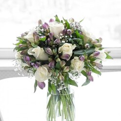 A refined floral arrangement of creamy white roses, dusky lavender alstroemeria, and delicate baby's breath rests in a simple, clear glass cylinder vase, bathed in soft, natural light that suggests a bright but tranquil day in Stanmore. The roses, perfectly formed and fully open, display velvety petals that overlap in smooth, romantic spirals, each bloom the colour of fresh cream with just a whisper of ivory warmth. Tucked among them are alstroemeria in muted shades of lavender and soft purple, some petals etched with darker lines that add depth and intrigue; a mix of buds and half-open flowers brings a gentle sense of movement, as though the bouquet is slowly unfolding over time. Fine white gypsophila branches thread through the composition like lace, creating tiny bursts of brightness that catch the light and soften the contrast between the greens and purples. Surrounding foliage in rich, vivid green anchors the arrangement, with broad leaves and tidy stems giving structure without overpowering the blooms. The stems are clearly visible through the water-filled vase, aligned in a careful yet natural pattern that speaks of a skilled florist's hand, the kind you might find at Flower Delivery Stanmore preparing same-day gifts for homes along Marsh Lane or The Broadway. The background is bright and gently blurred, keeping all attention on the flowers while adding an airy, uplifting mood. This bouquet suggests serenity and thoughtful care, ideal for sending quiet congratulations, expressing sympathy with grace, or simply brightening a living room in the Stanmore and Canons Park area with a whisper of soft fragrance and understated elegance.