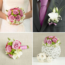 This image captures the artistry of a wedding floral duo designed for a couple celebrating in Stanmore. The bridal bouquet is full and rounded, composed mainly of mauve-pink roses that appear almost hand-painted, their petals softly curled at the edges and layered in gentle spirals. These roses cluster at the centre, creating a rich, romantic core. Nestled among them are bright green button chrysanthemums, their small, domed blooms adding a lively, almost playful contrast that brightens the whole arrangement, like a patch of fresh grass along The Common in Stanmore. Creamy white lisianthus flowers weave through the roses and chrysanthemums, their ruffled petals lending a dreamy, cloud-soft effect that balances colour and texture. Around the edges, fresh green foliage extends slightly outward, framing the bouquet and giving it a natural, garden-inspired feel. The stems are carefully gathered and bound with an intricate wrap of pink and white ribbon, the satin folded in neat, overlapping lines that show the florist's attention to detail. Light falls gently over the arrangement, highlighting each curve of petal and sheen of leaf. Beside the bouquet lies the groom's boutonnière: a single, elegant white lisianthus bloom, accented with fine grasses and finished with a slim lavender ribbon. It is understated yet memorable, designed to sit crisply against a suit for a ceremony at a local Stanmore venue. Together, the bouquet and boutonnière feel completely cohesive, expressing the hopeful, vibrant spirit of a wedding day and the calm confidence of flowers delivered fresh from a trusted Stanmore florist.