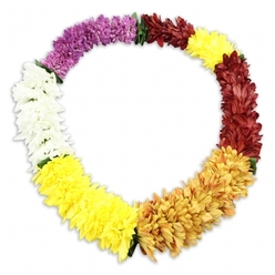 This vibrant floral lei, arranged in a perfect oval against a pristine white backdrop, looks as though it has been placed thoughtfully on a table in Stanmore just before a service of remembrance. The lei is composed of densely gathered, artificial blooms imitating chrysanthemum or carnation heads, their many layered petals creating a ruffled, cloud-like texture that feels almost velvety. The colours are organised in distinct, harmonious bands that guide the eye gently around the circle. Starting from the upper left, a luxurious section of deep purple petals sets a rich, reverent tone, then flows into a short band of pure white, suggesting stillness and peace. From there, the garland brightens into clear lemon yellow, gradually warming into a golden yellow with hints of amber, similar to the warm glow you might see over Bentley Priory Nature Reserve in the late afternoon. The sequence then transitions to a deep segment of maroon and reddish-brown blooms, adding depth and gravity, before concluding with a final, bright yellow stretch that reintroduces light and optimism as the colours loop back to the beginning. Slim, dark green fabric leaves or dividers peek softly between some sections, adding a whisper of greenery and reinforcing the hand-crafted feel. A soft, diffused shadow beneath the lei gives the impression of gentle height and substance. While the lei is made to be durable and reusable, it visually conveys the same tenderness as fresh flowers, making it a fitting floral tribute for funerals, memorials, or celebration-of-life gatherings in Stanmore and the surrounding community.