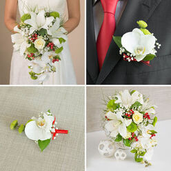 This four-part image captures a refined wedding flower story, the sort of coordinated design often requested by couples marrying in Stanmore and the surrounding leafy streets. In the top-left, the bride is shown from the shoulders down, hands gently cradling a dramatic cascading bouquet against a soft beige background. The bouquet is dominated by large, star-shaped white oriental lilies with visible stamens, their velvety petals opening outwards, while trailing stems of white Phalaenopsis orchids fall like silk ribbons towards the floor. At the heart of this waterfall sits a single cream rose, surrounded by bright green spherical blooms that resemble button chrysanthemums, pops of glossy red berries, and airy tufts of white gypsophila. Fine strands of foliage and grasses weave through the flowers, adding texture and a sense of natural movement. The top-right panel moves to the groom, dressed in a dark suit with a crisp white shirt and a vivid red tie. Pinned neatly to his lapel is a boutonnière that mirrors the bouquet: one perfect Phalaenopsis orchid bloom, a tiny cluster of green pompons, and gypsophila, all tied with a slim red ribbon. In the bottom-left, this boutonnière is shown in close-up, laid on a neutral, linen-like fabric, so the smooth orchid petals, fresh leaf base, and satin sheen of the ribbon are easy to imagine under your fingertips. The bottom-right panel reveals the entire cascading bouquet placed in a white woven basket vase on a bright white tabletop, with three decorative white wicker balls grouped beside it, suggesting a carefully styled reception display, perhaps set up by a local Stanmore florist before the guests arrive.
