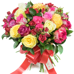 A joyful, sumptuous bouquet of roses presented on a crisp white backdrop, designed to read as both celebratory and intimate. The arrangement feels deliberately abundant: large hybrid tea roses open fully to reveal layered, silky petals in shades that range from sunny yellow to creamy ivory, through soft blush and bright magenta, to bicoloured pink-and-white blooms. Interspersed among them are compact clusters of deep burgundy and cherry-red spray roses and fresh tight buds that promise continued bloom. Dark, glossy foliage - likely ruscus or salal - frames every blossom, lending a woodland coolness that makes the warm tones sing.

The stems are gathered tightly and finished with a bright red satin ribbon tied into a generous bow whose tails cascade down, and a small white gift tag stamped with a stylised logo and the greeting "Happy Holidays" nestles in the knot. There is a gentle, citrus-fresh fragrance suggested by the arrangement, more crisp than cloying, and the tactile contrasts - the sleekness of open petals beside the firm, textured buds - invite reaching forward to touch. Imagined in a Stanmore context, this bouquet would suit a celebratory table near Stanmore Tube or a heartfelt doorstep delivery after a walk in Stanmore Country Park. It is a versatile, expert composition that communicates joy, gratitude and close attention to detail, ideal for milestones, romantic gestures or seasonal cheer.