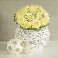 An artfully balanced centerpiece rests on a clear white surface, evoking the quiet sophistication of a Stanmore wedding or anniversary dinner. At the heart of the composition is a full, rounded bouquet of pale yellow roses, their petals smooth and tightly layered, forming plush, cup-shaped blooms that nestle closely together. Their buttery hue is soft and inviting, somewhere between cream and early morning sunlight. Interwoven between these roses are delicate sprigs of white gypsophila, each stem branching into tiny star-like flowers that appear to float among the roses, lightening the overall texture and adding a dreamy, romantic veil. Around the lower edge of the bouquet, a slim collar of rich green foliage gently hugs the stems, creating a crisp boundary and lending the design a sense of structure, much like the well-kept hedges and green spaces around Stanmore Hill. The bouquet is anchored in a striking white vase with an open, woven design; thin strands interlace to form a basket-like pattern, allowing glimpses of shadow and light to slip through. The vase's rounded form, slightly narrower at the middle, gives a contemporary yet organic feel. Placed nearby on the tabletop are two decorative spheres fashioned from light-toned, woven material, their airy, geometric weave echoing the vase's craftsmanship. The softly blurred background is a neutral beige or light taupe, reminiscent of a calm interior wall in a Stanmore reception room, ensuring the viewer's eye rests entirely on the intricate floral work. Together, these elements create an atmosphere of peace, joy, and careful attention to detail, well suited to wedding table arrangements or elegant home decor in Stanmore.