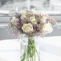 A graceful, rounded bouquet of white roses and lilac statice is captured in soft, natural light, radiating a quiet sophistication that suits Stanmore's calm residential streets. At its heart, about a dozen creamy white roses form a full dome, each bloom at the ideal stage of opening, with outer petals just unfurling and inner spirals still gently cupped. Their colour settles between ivory and warm cream, giving the bouquet a timeless, romantic centre. Threaded generously among them, hundreds of tiny lavender-purple statice blossoms form delicate sprays that rise and dip, wrapping the roses in a shimmering veil of fine, papery texture. This contrast between the plush, rounded rose heads and the airy, cloud-like statice creates depth and movement, as though the flowers were caught in a still, serene moment. The arrangement is presented in a tall, clear glass cylinder vase, its clean lines echoing a contemporary Stanmore apartment or a modern home off Marsh Lane. Through the glass, straight green stems are visible, immersed in clear water that catches the light and adds a gentle sparkle. The vase rests on a smooth white surface, likely a sunlit table, while the background melts into a soft blur, keeping all attention on the bouquet's form and tonal harmony. The atmosphere is one of understated elegance and emotional warmth, ideal for a low-key wedding breakfast, an anniversary breakfast in bed, or a thoughtful thank-you delivered across HA7. One can almost sense a soft rose fragrance mingling with the fresh, slightly herbal note of the greenery, transforming an ordinary room into a calm, welcoming space.