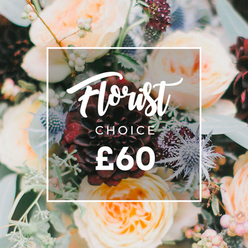 This image reads like a moment from a neighbourhood floristry studio in Stanmore: a handcrafted bouquet composed with both drama and restraint. A striking, almost-black burgundy dahlia anchors the grouping, its concentric petals dense and velvet-smooth, while surrounding garden roses spill open in soft peaches and creamy whites, their layered petals catching a warm, late-afternoon light. Scattered around them are pale green and white berries that add a crisp, tactile freshness and small, architectural flashes of dusty blue eryngium that introduce a cool, textural contrast against the roses' softness. Eucalyptus and mixed greens weave through the arrangement, some leaves frosted and slender, others broader and glossy, creating a living backdrop that breathes and softens the bouquet's silhouette. The photographer has overlaid a simple white square with rounded corners at the centre; inside, an elegant script proclaims "Florist," a neat uppercase line reads "CHOICE," and a bold price of "£60" sits beneath-white type that remains highly legible against the darker florals. You can almost sense the scent: light honeyed rose tempered by the crisp, aromatic lift of eucalyptus. As a local florist I picture this as a Flower Delivery Stanmore favourite for birthdays, intimate weddings near Canons Park, or thoughtful deliveries to neighbours around Stanmore tube-an assured, seasonal selection that feels personal and grounded in local knowledge, arriving ready to both soothe and celebrate.