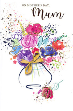 Illustrated Mother's Day card featuring a softly luminous watercolour bouquet gathered in a small, elegant vase at the centre of a clean white background. The flowers are rendered in layered sweeps of vivid pink, magenta, and cherry red, supported by cooler lilac and light blue blooms that temper the intensity and create a gentle, harmonious rhythm. Deep indigo strokes define selected petals and leaves, while fine golden outlines and flecks pick up the light, giving the impression of morning sunshine glancing off shop windows near Stanmore Broadway. The vase is rounded and modest, wrapped with a delicate gold bow that hints at a freshly prepared bouquet being readied for delivery to a home off Marsh Lane or Gordon Avenue. Around the central cluster, playful dots, splatters, and small heart shapes dance across the white space, like confetti falling around a much-loved mum on her special day. The brushwork is loose but assured, with colours flowing into one another in places and standing crisp and distinct in others-just as a real bouquet offers both soft blends and clear focal blooms. There is a sense of motion, as if the flowers are gently swaying in an invisible breeze, yet the composition remains balanced and calm. It feels crafted by someone who understands flowers not only as decoration, but as language-a visual way to say "thank you" and "I love you" to mothers across Stanmore and the surrounding neighbourhoods.