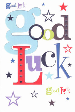 This vibrant good luck card is captured in close-up, filling the frame with a joyful mix of colour and type that feels almost like confetti on a calm white canvas. Across the centre, the words "GOOD LUCK" are spelled out in big, confident letters, each one dressed in a different hue and style. The opening "G" is a chunky, baby-blue curve that feels friendly and inviting, followed by a slightly slimmer, darker letter that adds a touch of seriousness. Reds bring flashes of energy, moss greens introduce a grounded balance, and deep purples and blacks anchor the phrase with quiet strength. Every letter appears smooth and crisply printed, perfectly aligned yet playfully varied, echoing the crafted, detail-driven approach we use when pairing cards with hand-tied bouquets for deliveries around Stanmore. Scattered all around the wording are dozens of stars, almost like little bursts of applause. Some are bold in navy and midnight indigo, others are more delicate in sky-blue, lavender, and soft violet, dancing lightly across the card's surface. The stars range from tiny pinpricks to larger graphic shapes, giving the design a sense of movement, as if they've drifted down from a clear night sky over Canons Park. The smooth, slightly weighty card stock looks satisfying to hold, the edges neat and precise, suggesting quality and care. This design feels perfect to accompany a fresh bouquet sent for exams, driving tests, or new beginnings in and around Stanmore, radiating anticipation, support, and an honest belief that good things are just about to happen.