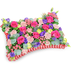 Taken from a slightly raised viewpoint against a pure white backdrop, this pillow-shaped floral tribute is a carefully composed study in colour and touch, crafted to speak softly of memory and love. Dominated by hot pink roses that range from tight buds to gently unfurling blooms, the surface feels plush and inviting. Soft, pale pink carnations thread through the roses, their ruffled edges creating quiet movement, while purple lisianthus bring depth and elegant form. Bright lemon-yellow ranunculus scatter like small suns, brightening the composition, and the striking, steel-blue thistles of eryngium punctuate the softer shapes with a bold, architectural texture. Rounded eucalyptus leaves in a cool, silvery green and deeper greenery provide a verdant framework and a subtle, calming scent. Framing the flowers is a deep red, pleated satin ribbon that forms a ruffled border around the pillow, its sheen drawing the eye and reinforcing the shape with refined, tactile detail. Under soft lighting the petals and ribbon show a gentle lustre, the shadows between blooms giving the arrangement a sense of depth and careful construction. Intended as a memorial or sympathy cushion, the arrangement reads as celebration as much as consolation: colours that celebrate a life, textures that suggest embrace. Prepared locally and available from Flower Delivery Stanmore for the Stanmore community - from Stanmore High Street to the quieter lanes near Bentley Priory - it conveys respect, warmth and the thoughtful craftsmanship of a neighbourhood florist.