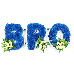 A studio-framed image on a clean white field reveals a three-part memorial spelling out BRO in bold, three-dimensional capitals. Each letter is composed of thousands of small royal blue chrysanthemum florets, densely arranged to create a sumptuous, velvety surface and a sculpted silhouette with sharply defined edges. The construction sits on a subtle white foam frame that traces the letterforms and fills interior negatives - the bowls of the B and the centre of the O - making the shapes read clearly from an eye-level viewpoint. Nestled at the base of each character are delicate clusters of pale ivory spray roses, a sprinkling of tiny white filler flowers (likely mini chrysanthemums or baby's breath) and a mix of green foliage: broad glossy leaves that give weight and structure alongside lighter fern-like fronds that lend an airy, comforting texture. Under soft, neutral studio lighting the royal blue takes on a deep, oceanic tone that suggests calm and sincere remembrance; the ivory and white accents temper that depth with gentle light and purity. The overall impression is reverent and composed - the tactile blue petals, faint rose perfume and fresh green understorey together evoke a careful, personal tribute. For families in Stanmore and neighbouring Harrow seeking a memorial piece that speaks directly to the bond between siblings, this BRO arrangement offers a meaningful, handcrafted way to express condolence and honour a brother at a funeral or memorial service.