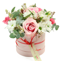 In the centre of a white, uncluttered frame, a pastel-pink cylindrical hatbox overflows with a lavish bouquet, the colours and shapes standing out crisply as if displayed in a Stanmore florist's window. The box itself is a soft blush shade with a matte finish, its simple silhouette dressed with a coral-red satin ribbon that encircles the base and is tied into a perfectly formed little bow at the front. From this bow hangs a cream gift tag, decorated with graceful green lettering and a small website address, hinting at a premium delivery service rather than a casual purchase. Rising from the box, the flowers form a lush dome, each bloom placed to create a flowing, natural rhythm. Dominating the composition is a large bi-colour rose, its outer petals a pale, almost translucent pink that deepens into a richer rose hue swirling towards the centre, providing a romantic focal point. Surrounding it, compact white chrysanthemums with lively green centres lend freshness and clarity, like a breath of air on Stanmore Hill. White alstroemeria, softly speckled on their inner petals, thread through the design, while clusters of small, intense deep-pink blooms add lively notes of colour. The arrangement is framed and softened by silvery eucalyptus leaves and darker green foliage, interspersed with fine stems bearing tiny green buds that suggest new growth and vitality. The lighting is even and gentle, emphasising the natural tones and textures rather than casting strong shadows. This hatbox bouquet feels ideal for a birthday tea near Stanmore Station, a quiet anniversary at home, or a graceful thank-you gift, offering a sense of considered beauty and the reassurance of flowers that have been expertly chosen and arranged.
