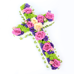 Set against a flawless white background, this large floral cross is angled gently from upper left to lower right, as if resting in quiet reflection before being carried into a Stanmore memorial service. Its edges are perfectly defined by a closely packed band of white spray chrysanthemums, their tiny blooms forming a soft, clouded border that marks the outline of the Christian cross with clarity and grace. Just beyond the white fringe, a neat ribbon of pale green-either satin or folded foliage-runs around the entire perimeter, offering a subtle, fresh contrast and lending a finished, professional feel you might expect from an experienced local florist. Inside the border, the cross is richly decorated with a thoughtfully balanced blend of colour and texture. Large roses in intense fuchsia pink and warm, creamy pale yellow are positioned at intervals along the arms and body of the cross, their fully opened petals radiating a sense of tenderness and remembrance. Between these focal blooms, clusters of lime-green button chrysanthemums add playful, rounded shapes and a vivid, almost luminous energy, preventing the design from feeling heavy. Deep purple and violet blossoms-likely lisianthus or statice-are woven delicately among the larger flowers, adding depth and visual rhythm, their darker tones echoing the more solemn moments of a funeral or graveside tribute near Stanmore Hill or along Marsh Lane. The lighting is bright and even, making every flower head, stem, and ribbon fold easy to distinguish. The overall impression is of a carefully crafted sympathy cross that honours faith and memory while offering a gentle sense of renewal.