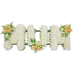 This image shows an elegant floral letter tribute that clearly spells MOM in three upright capital letters, arranged side by side along a low, horizontal frame. The background is pure white, allowing the floral work to stand forward without distraction, much as it might appear when placed by the casket or at the front of a chapel in Stanmore. Each letter is densely filled with small, pure white blooms, likely spray chrysanthemums, whose numerous petals form a plush, almost cushion-like surface that feels calm and soothing to the eye. The edges of the letters are subtly traced by a dark green frame or ribbon backing, providing structure and a crisp outline so that the word can be easily read across a room. Breaking up the expanse of white are three romantic clusters of soft peach and apricot roses. One cluster sits on the upper left arm of the first M, another nestles at the base of the central O, and the third crowns the upper right arm of the final M, creating a gentle visual rhythm from left to right. The roses are at different stages of opening, from tight buds brimming with potential to more open blooms that reveal their spiralled centres. Around them, feathery ferns and deeper green leaves add contrast and depth, echoing the natural foliage you might see in gardens around Stanmore or along quiet residential streets leading to the local cemetery. The overall impression is of a tribute that is both classic and deeply personal, designed to honour a beloved mother with grace, beauty, and a comforting presence during a final farewell.