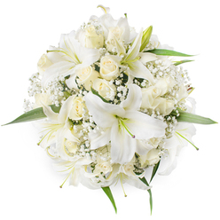 From a direct top-down perspective this round, immaculate bouquet reads as pure and confident craftsmanship: large white lilies with trumpet-shaped petals and pale green stamens sit among clusters of creamy ivory roses, many still in tightly furled buds, while delicate white Baby's Breath weaves soft texture through the composition. The flowers are densely arranged so that the eye moves from the lilies' open faces to the layered centers of the roses, the small gypsophila acting like quiet punctuation between statements of bloom. A few vibrant green leaves edge the bouquet, their fresh, glossy surfaces grounding the cloud of white and lending definition to the circular form. The lighting is soft and neutral, chosen to preserve the subtle tonal shifts between pure white and warm cream and to reveal the flowers' natural textures: the silky lilies, the velvety rose petals, the papery sprigs of baby's breath. This bouquet carries a gentle fragrance - heady and sweet from the lilies, gentle and rounded from the roses - and communicates sentiments of purity, devotion, and celebration. It is the type of classic arrangement we prepare for weddings at nearby Canons Park or for thoughtful gifts delivered across Stanmore; Flower Delivery Stanmore would wrap it carefully for same-day local delivery, ensuring the white palette arrives pristine for ceremonies, anniversaries, or quiet remembrances. The overall effect is timeless and reassuring, a floral statement that reads both ceremonial and deeply personal to the local community.