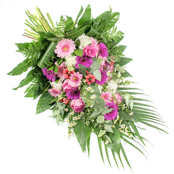 This image shows an elegant, diagonally arranged funeral spray against a stark white background, designed to sweep from the top left corner down to the lower right in a soft, cascading motion. The arrangement is composed of gentle pinks, rich fuchsias, hints of purple, and crisp white blooms, all nestled into an abundance of fresh greenery that feels perfectly at home in the tranquil surroundings of Stanmore's leafy streets. Large gerbera daisies in pale blush and deep magenta stand proudly at the heart of the design, their open faces bringing a quiet brightness. Around them, pink roses with neatly spiralled petals add a sense of romance and remembrance, as though each bloom holds a story shared at family gatherings nearby in Belmont or along Stanmore Hill. Fluffy white carnation- or chrysanthemum-like flowers create soft, cloud-like clusters, while trails of tiny white daisy-style blossoms weave through the spray, adding a playful yet gentle lightness. Bright red hypericum berries, like tiny polished marbles, dot the arrangement with warm, earthy accents. The spray is anchored by a rich variety of foliage: broad, glossy dark leaves provide structure; feathery ferns and cool, silvery eucalyptus leaves lend texture and a suggestion of fresh fragrance; and long, slender palm fronds sweep from the lower right, enhancing the elegant, elongated line. The bundled stems are visible at the upper left, revealing the care and precision of an experienced florist preparing this tribute for delivery to a Stanmore funeral service. The piece as a whole conveys quiet strength, compassion, and a respectful farewell.
