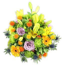 This exuberant, hand-gathered bouquet sits against a crisp white backdrop, its densely packed blooms forming a joyful, tactile mound. Several vivid yellow Asiatic lilies stand as the composition's vertical anchors, some fully unfurled with freckled throats and exposed stamens, others still slender buds that promise continued unfolding. Cheerful orange Gerbera daisies act like sunbursts across the arrangement, their flat petals and dark centres giving immediate cheer, while powdery lavender-purple roses tucked in nearer the centre provide a soft, romantic pause. The design gains plushness from chartreuse button chrysanthemums-round, ruffled clusters that feel almost velvety to the touch-and from small spherical orange and golden-yellow accents that resemble Craspedia or similar textured picks, offering lively, dotted contrast. Several cool blue-grey Eryngium thistles are placed strategically along the lower edges and sides; their spiky, architectural forms and metallic tones lend a contemporary edge against the warm florals. A varied palette of foliage-broad, glossy lily leaves and finer filler greens-wraps the bouquet, adding depth and a natural backdrop that makes each colour sing. The light is soft and even, revealing petal veins and the subtle sheen on leaves, and the overall mood is celebratory, bright and comforting. I imagine this arrangement delivered to a Stanmore address on a clear morning-perhaps placed on a kitchen table on Stanmore Broadway or brightening a bedside at a home near Canons Park-suitable for birthdays, congratulations or simply to lift a room with texture, scent and warmth.
