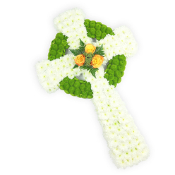 This carefully modelled floral cross, photographed against a bright white background from a slightly elevated viewpoint, speaks of gentle remembrance and skilled hands. Its structural form is created from tightly packed white spray chrysanthemums whose soft, matte petals give the cross a dignified, cloud-like texture; segments of lively apple-green button chrysanthemums are inset to trace the circular ring where the arms converge and to punctuate alternating sections along the arms, creating that unmistakable Celtic knot rhythm. Anchoring the design is a small trio of rich orange-yellow roses at the centre-warm, fully open blooms whose golden tones seem to radiate a quiet hope-subtly framed by deep green fern or similar foliage that lifts the roses forward and adds textural contrast. Under soft, clear lighting the arrangement's three-dimensionality and the contrast of cool white, fresh green, and sun-warm orange are pronounced, while the scent is a gentle mix of rose warmth and fresh, leafy undertones. This is the kind of memorial tribute we prepare with care at Flower Delivery Stanmore, appropriate for funeral services, graveside commemorations, or as a personal expression of condolences to families around Cannons Park and the Stanmore Broadway area. The design's palette also echoes the colours of Irish heritage, making it a considered choice for funerals with Celtic symbolism or St. Patrick's Day remembrance. The overall impression is one of composed beauty, quiet dignity, and experienced floral craft.