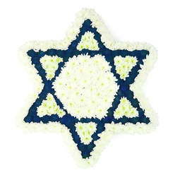 In this image, a beautifully composed Star of David memorial arrangement stands out crisply against a clean white background, echoing the serene, respectful atmosphere of a Jewish funeral or remembrance service in Stanmore. The six-pointed star is shaped with absolute precision, its outer edges traced by a thick band of white chrysanthemums. Their soft, cushion-like petals overlap and merge, forming a gentle halo that softens the star's angular geometry. Inside this border, a central hexagonal panel of the same white flowers forms a calm focal point, like a quiet space for reflection within the design. The six arms of the star are filled with deep blue blooms, their intense navy and indigo shades providing a dignified contrast that calls to mind traditional Jewish colours and the quiet twilight over Stanmore's residential streets. At the base of each blue triangular point, a small triangle of white flowers is inset, adding a subtle, repeating motif that hints at continuity, faith, and interwoven lives. The arrangement appears slightly raised at the centre, with dense, velvety textures suggesting flowers that are freshly arranged and cool to the touch. It is easy to imagine this tribute resting on an easel at a local synagogue near Stanmore Hill or being placed thoughtfully at the front of a chapel before the service begins. Every petal seems arranged with care, reflecting both professional skill and an understanding of the comfort such a piece can offer. The overall impression is one of quiet strength and reverence, a floral symbol of Jewish identity and remembrance designed to honour a loved one with grace.