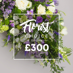 As I compose this spray in our Stanmore studio, I sense the quiet empathy it embodies. This Florist CHOICE SPRAY centers on pristine white roses, their velvety petals unfolding with a classic, comforting grace, and is enlivened by purples that signal dignity and hope. The heart is built around a cluster of white lisianthus and delicate freesias, with a lavender hush of eustoma lending softness. Rich purple notes: lisianthus in deep hues, spires of veronica rise vertically, giving the arrangement a sculptural lift while keeping it balanced and calm. A generous bed of green foliage-fern fronds, glossy leaves, and light viburnum clusters-frames the bouquet, lending depth and a sense of fresh growth.

Over the center, a white rectangular panel holds the callout: Florist CHOICE SPRAY, with Florist in script and CHOICE SPRAY in uppercase. The price ?300 sits below in bold white numerals, a simple promise of value for a piece crafted with care. The aroma would be clean and green, with subtle whispers of freesia and rose, and the texture of velvety petals against a crisp backdrop. This spray feels anchored yet uplifting, a fitting tribute for funeral or remembrance services, a keepsake gift for a thoughtful mourner, or a moment of quiet solace.

In Stanmore, we know families who gather near The Broadway and Canons Park to choose a floral tribute that speaks of enduring connection. Flower Delivery Stanmore offers reliable delivery across the area, with options for same-day delivery so that a cherished gesture can arrive promptly for the service or memorial.
