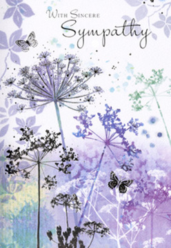 The artwork on this sympathy card unfolds with the same serene grace you might find on an early morning walk through Stanmore's leafy lanes. Rising from the base of the design, tall, willowy stems of umbelliferous flowers stretch upwards, their fine branches opening into lacy, umbrella-like clusters. These blossoms are rendered in soft layers of violet, blue, and dusky lavender, with occasional touches of silvery green to suggest foliage. The petals and tiny florets are not rigidly defined; instead, they fade delicately into the background, giving the impression of flowers seen through a light veil of mist, like distant plants at the edge of Bentley Priory Nature Reserve. Behind this filigree of stems, the background is a smooth watercolour blend of muted purples and cool grey-greens, with no harsh contours, only gentle transitions that bring a sense of quiet reflection. Two or three butterflies drift among the blossoms, their wings softly tinted in pale lilac and powdery blue, so translucent they seem almost like whispers of colour suspended in the air. The lighting in the scene is diffuse, casting no strong shadows, just an even, soothing glow that wraps the composition in calm. The overall mood is one of understanding and respect, the sort of feeling we aim to convey when creating funeral tributes and condolence flowers for families throughout Stanmore. This card's delicate illustration and subdued palette come together to offer a visual embrace-thoughtful, dignified, and perfectly suited to supporting someone through loss with a gentle, unspoken message of care.