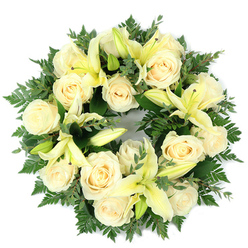 Seen from above against a clean white surface, this circular memorial wreath is a serene composition of creamy ivory roses and soft yellow lilies, artfully arranged on a base of lush green foliage. Fifteen to twenty large, fully bloomed roses form the principal band, their soft, tightly folded petals catching the light and radiating a gentle ivory glow. Interspersed among them are lemon-tinged trumpet lilies in varying stages of opening-some fully unfurled to reveal their slender stamens, others still in tight bud-adding graceful lines and a subtle, green-citrus scent that lifts the arrangement. The flowers are supported by a tapestry of deep, varied greens: delicate fern fronds that edge the wreath with feathery texture and compact sprigs of rounder leaves, probably eucalyptus, that provide depth and a cool, matte contrast to the blooms. The wreath is composed with a dense, symmetrical feel so that the eye follows the unbroken circle, a visual expression of continuity and remembrance. Prepared with the quiet care of a Stanmore florist, this piece would suit services at local churches or floral tables near Stanmore Broadway and Bentley Priory; it was arranged with sensitivity to proportion and scent. This wreath, prepared by Flower Delivery Stanmore, offers a dignified, comforting tribute: understated in colour yet generous in presence, meant to convey condolences, calm, and enduring respect.