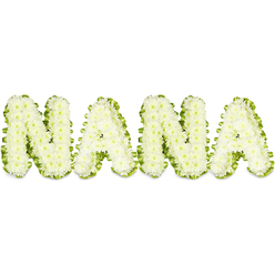 A tender tribute spelled in pristine white: the word 'NANA' formed from tightly clustered button chrysanthemums, each tiny bloom creating a cloudlike surface across the four bold capital letters. The flowers are pure white, their small rounded petals layered densely so that each letter reads as a soft, sculpted block with gentle depth and shadow. Around the outline of each character a lush green trim - pleated foliage or narrow satin-like ribbon arranged with exacting care - frames the white floral mass, providing a fresh, vivid contrast that sharpens the letters against the stark white background. Even studio lighting bathes the arrangement, revealing the crispness of the green edge and the subtle, silvery sheen on the chrysanthemum petals. There is a faint, clean scent one imagines from the flowers: a cool, slightly sweet chrysanthemum note that calms the senses.

This piece carries the quiet dignity of a memorial tribute, the kind often requested to honour a beloved grandmother at a chapel or service. The balance of pure white and vibrant green suggests peace and renewal, a visual language meant to comfort bereaved families. I imagine this crafted in a Stanmore shop with care for local customs - placed with reverence at a service near Bentley Priory or gently laid at a graveside after a small ceremony at a nearby parish. The workmanship speaks of an experienced florist who understands how composition, texture and light come together to express love, remembrance and a steady, reassuring presence in a difficult moment.