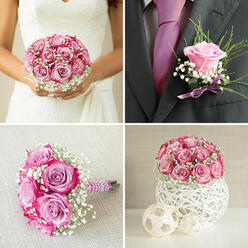 A close view of a groom's boutonniere shows a single pink rose resting proudly on the lapel of a charcoal-coloured suit, a delicate floral accent designed to complement rather than overpower. The rose is full and gently unfurling, its petals tightly layered at the centre and opening more loosely around the edges, displaying variations of rosy blush and softer pastel pink. Fine sprigs of greenery, perhaps a polished leaf folded neatly behind the bloom, offer a clean, sculptural backdrop, while tiny clusters of baby's breath add a light, airy touch at the edges. The stem is wrapped with a slim velvet ribbon, which introduces a soft, tactile richness when seen against the tailored fabric of the jacket. The contrast between the dark, matte suit and the luminous flower draws the eye upward, suggesting a poised groom standing in soft natural light at a wedding in Stanmore, maybe on the way into a local church or a reception venue off Stanmore Hill. The boutonniere feels timeless yet current, reflecting the style often favoured by couples in the area who appreciate simple, well-made details. You can almost sense the anticipation in the air: the rustle of guests taking their seats, the gentle clink of cufflinks, and somewhere nearby, the scent of fresh flowers prepared for the day's celebrations. Every aspect of this small arrangement-from the balance of colour to the tidy finish of the ribbon-tells of careful hands and a florist's understanding of how a single rose can carry emotion and meaning.