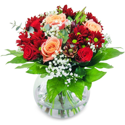 Imagine cradling a lush bouquet inspired by Stanmore's tranquil beauty, where the velvet of deep red roses and rich red chrysanthemums is offset by the gentle light of peach and apricot roses, each petal unfolding like dawn over Stanmore Hill. White gypsophila flutters delicately between, tiny stars woven into a floral tapestry that recalls the first signs of spring on the paths around Whitchurch Lane. Robust green stems anchor the arrangement, immersed in crystal-clear water, reinforcing the freshness and longevity that Stanmore florists are known for. The vibrant greens encircling the base release subtle earthy notes, blending with the soft, sweet scent of opening roses-a fragrance reminiscent of walking through Stanmore's garden squares as the day begins. Each element, from colour and texture to balance and form, is harmonised with an expert's eye and a caring hand. This bouquet shines as a centrepiece for celebratory tables, heartfelt gatherings, or intimate dinners, infusing the occasion with the timeless elegance and subtle local character unique to Stanmore.