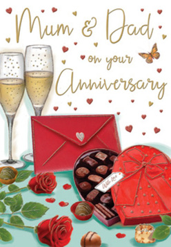 This anniversary card artwork feels like peeking into a private celebration arranged on a polished table in Stanmore, every element chosen to honour a long-standing love story. In the foreground, two large red roses lie gracefully on a bed of deep green foliage, their petals drawn with layered folds and subtle highlights that give them a velvety, almost touchable quality, reminiscent of blooms freshly delivered from a local Stanmore florist. Nestled beside them is an open, heart-shaped box of chocolates, its interior carefully illustrated with rows of truffles and pralines in different sizes and chocolate shades. A vibrant red ribbon wraps around the box, tied into a generous bow, its satin finish suggested by soft gleams of light. Just behind this indulgent duo, two slender champagne flutes stand side by side, filled with sparkling golden champagne. The artist has captured the fine trail of bubbles rising through each glass and the reflections along the rim, evoking the clink of glasses raised in a toast after a stroll through Canons Park. Golden and crimson hearts drift around the composition, mingling with delicate swirls that add movement and a sense of festivity without overwhelming the central focus. Hand-lettered wording dedicated to "Mum & Dad" sits amid these accents, grounding the scene in family affection and gratitude. Off to one side, a deep red envelope rests at a gentle angle, suggesting the weight of a handwritten note sealed inside, perhaps written earlier in the day in a quiet corner of a Stanmore kitchen. The card's overall mood is warm, romantic, and reassuring, combining roses, chocolates, champagne, and heartfelt words into a single, lovingly illustrated tribute to an enduring partnership.